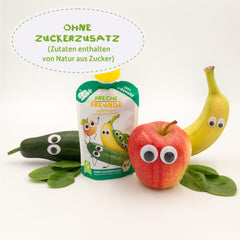 FRECHE FREUNDE Bolsita de fruta ecológica exprimible con manzanas, plátanos, espinacas y pepino, puré de frutas y verduras en bolsita exprimible para bebés a partir de 6 meses, vegano, paquete de 6 (6 x 100 g)