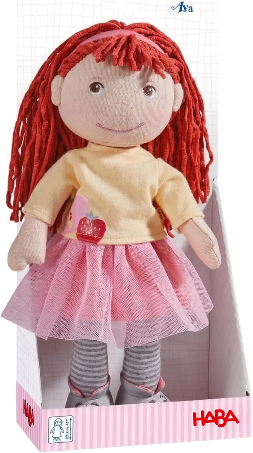 HABA Puppe AVA – Stoffpuppe für Kinder ab 18 Monaten, 30 cm, weicher Körper & pflegeleicht, Gesicht gestickt, Kleidung mit Klettverschluss – 1307196001