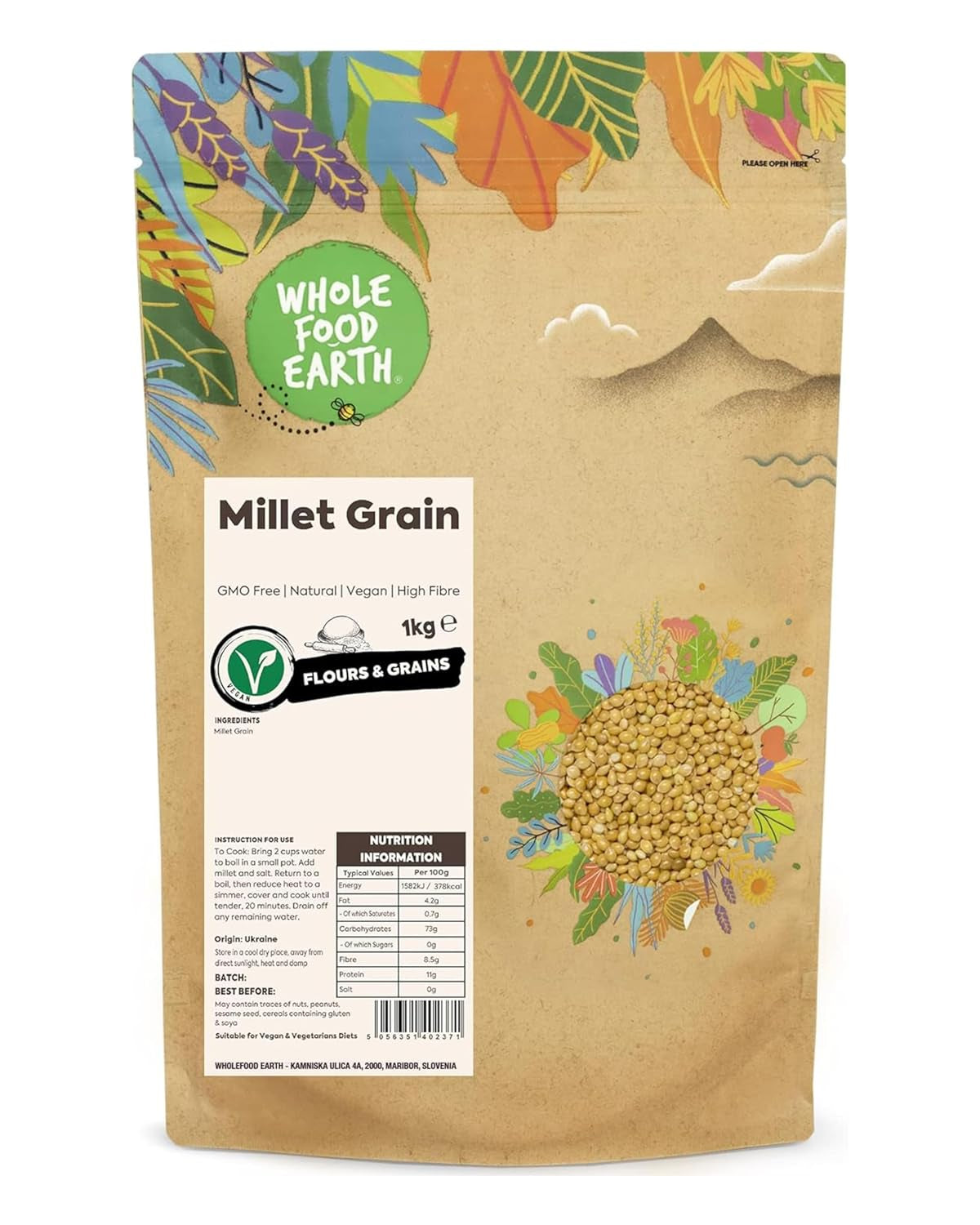 Mijo integral Earth - sin OGM - natural - vegano - sin lácteos - sin azúcares añadidos - 1 kg