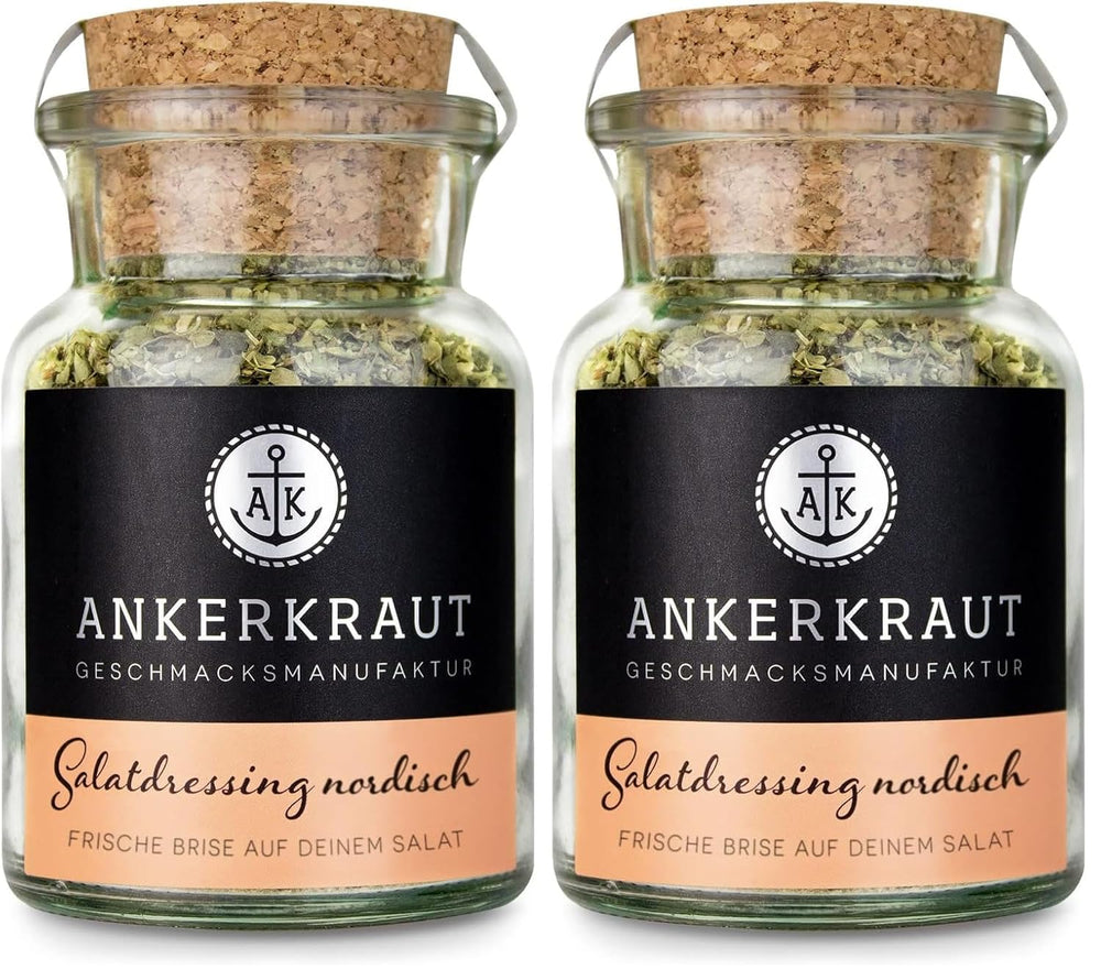 Ankerkraut Aderezo para ensalada Nordisch Gewürz, 115 g en vaso de corcho, Aderezo para Knackigen Salat Schnell Selber Machen, Premium Qualität aus Hamburg