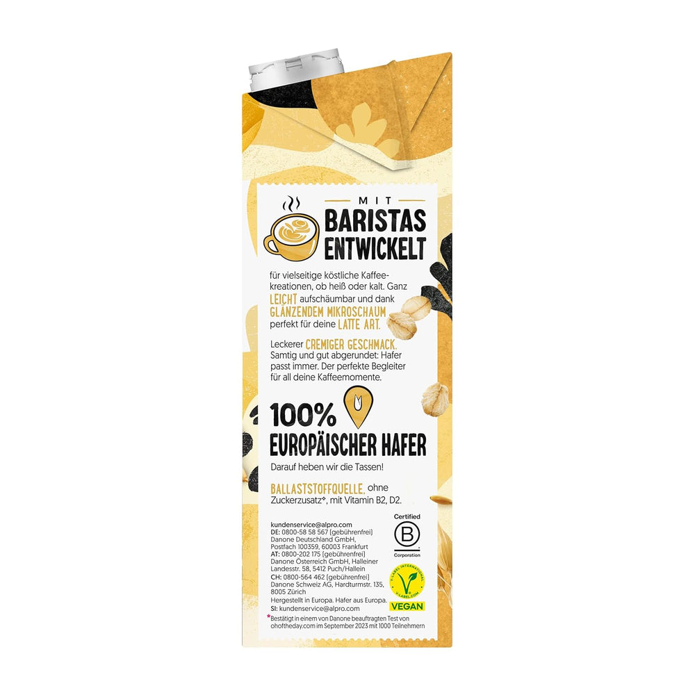 Alpro Barista Haferdrink – Zum Aufschäumen – Vegan und milchfrei – Von Natur aus lactosefrei – Rich an Ballaststoffen, Calcium and Vitaminen – 8 x 1 L – Haltbar
