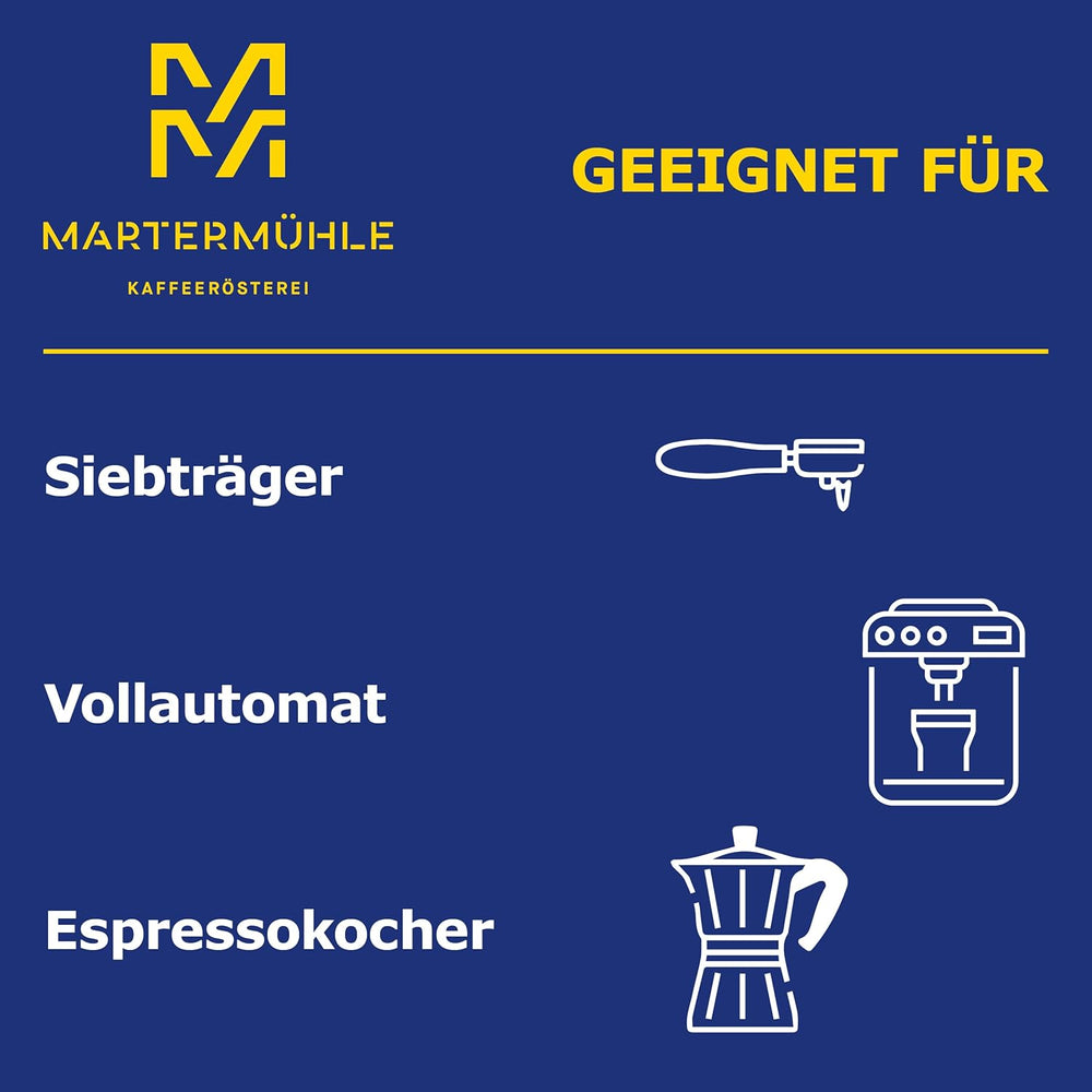 Boabe de espresso Martermühle Cioccolato 500g Tare | Arabica/Robusta | Arome: Nuci de macadamia, ciocolată cu lapte | Boabe de espresso întregi prăjite ușor, aciditate scăzută