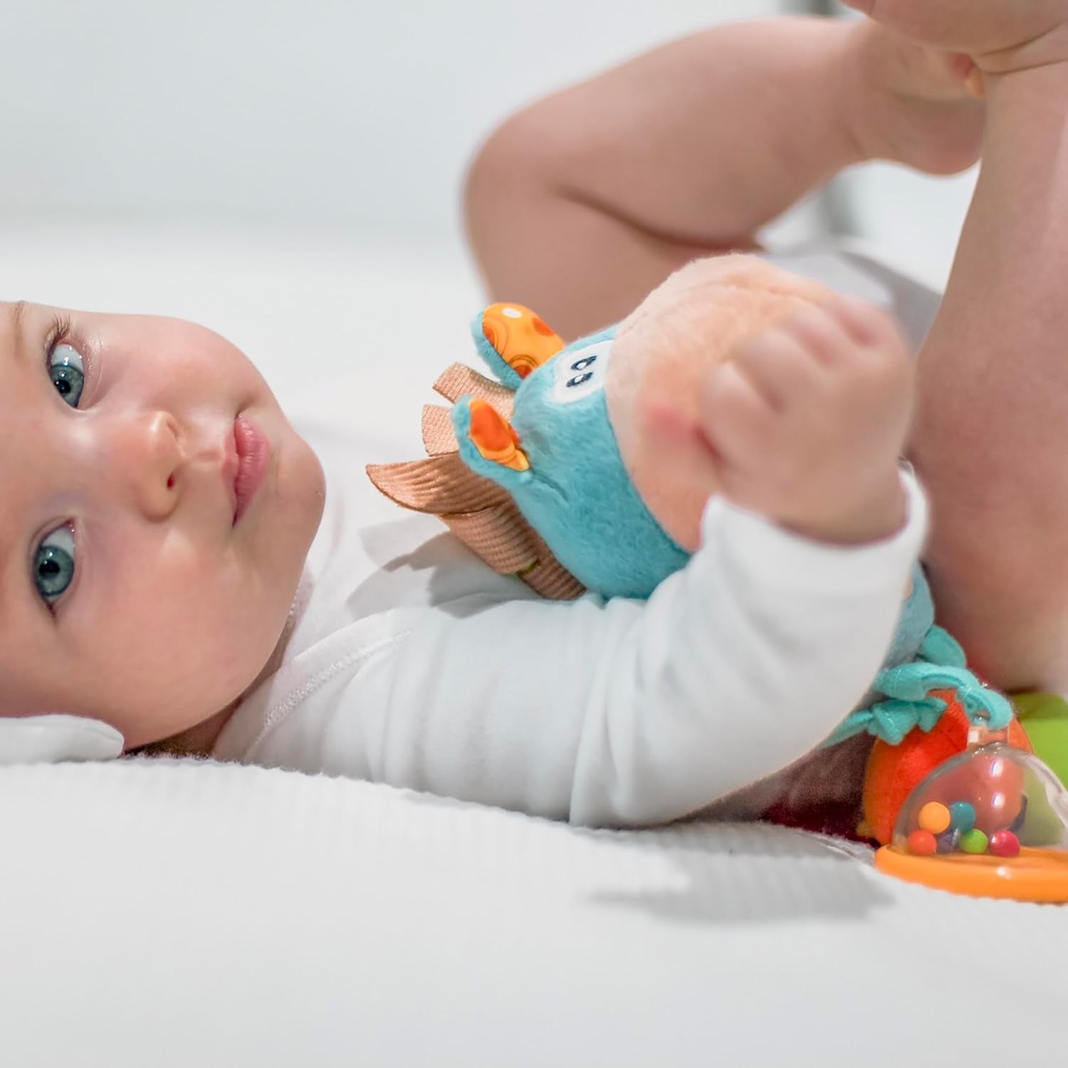 Playgro 101145 Cal de pluș cu zornăitor, jucărie educativă, de la 3 luni, fără BPA, Playgro Toy Box Horse Klipp Klapp, albastru/colorat, 40016, dimensiuni: 15 x 6 x 20 cm , 1 buc Jucarii Bebe Naty Shop