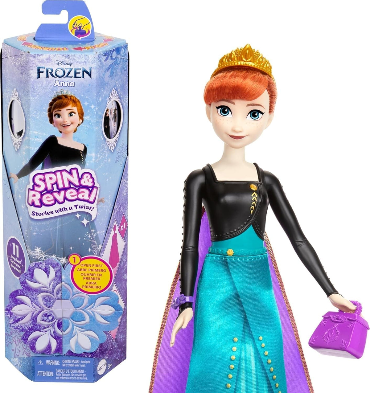 Mattel Disney The Ice Queen Anna Fashion Doll Set, Spin & Reveal con 11 sorpresas, que incluyen 5 accesorios, 5 pegatinas y una escena de juego, inspirada en la película de Disney, HXD27 Naty Shop Dolls Título predeterminado