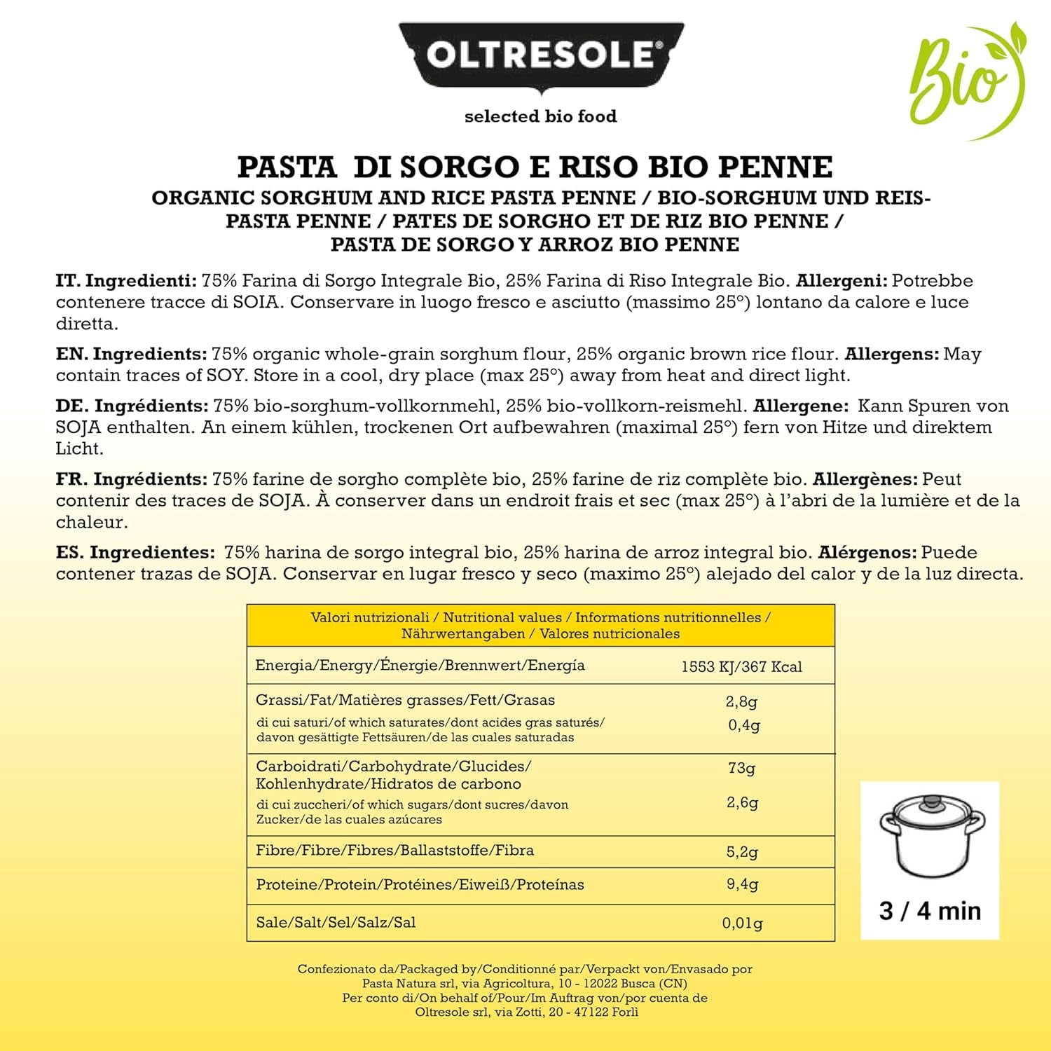 - Pasta italiana de sorgo y arroz ecológica, sin gluten, forma penne - Pasta sin gluten elaborada con harina integral procedente de agricultura ecológica italiana, vegana, paquete de 3 paquetes x 350g