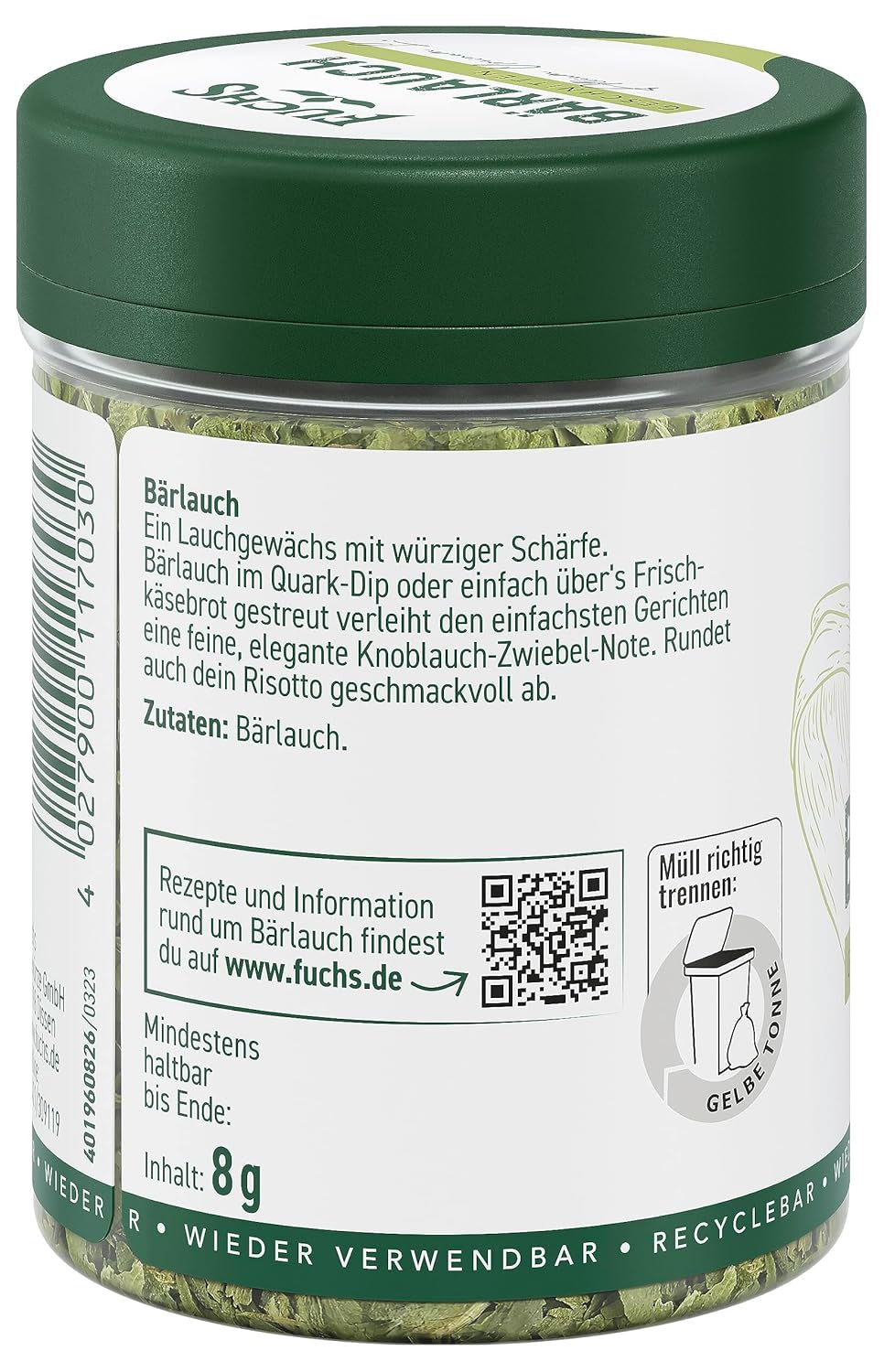 Fuchs Gewürze - Bärlauch geschnitten - würzige Schärfe für Quark-Dips, Frischkäse oder Risotto - ingredientes naturales - 8 g en wiederverwendbarer, recyclebarer Dosis