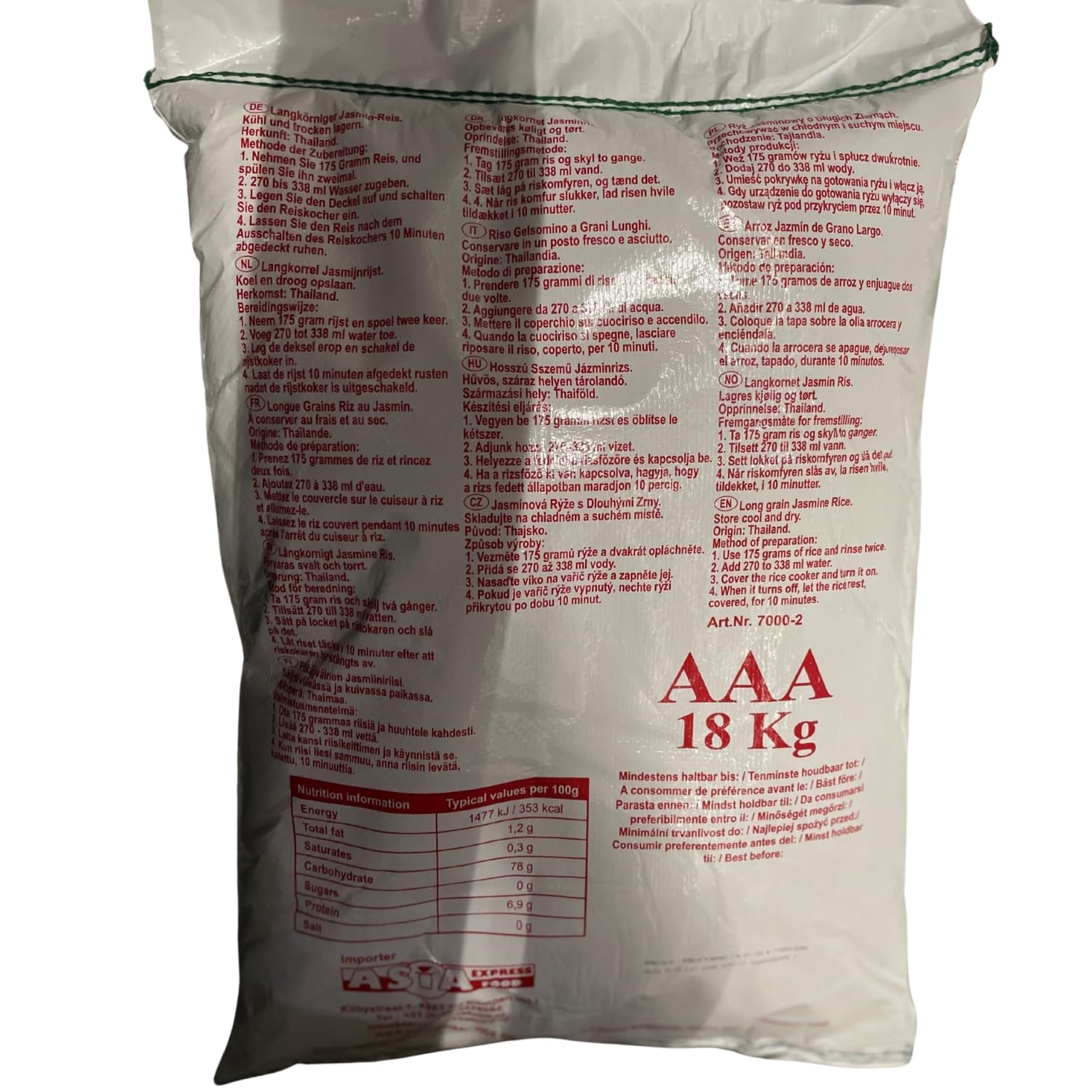 ARROZ ROYAL THAI - Arroz de grano largo y fragante con jazmín - 1 x 18 kg