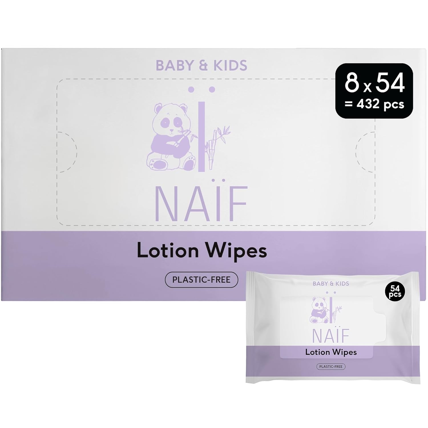 Naïf - Toallitas húmedas con loción sin plástico - 1296 piezas (24 paquetes de 54 toallitas) - para bebés y niños - Culito, cuerpo y cara del bebé - con Aloe Vera y Bambú - 0% Fragancia y Alcohol