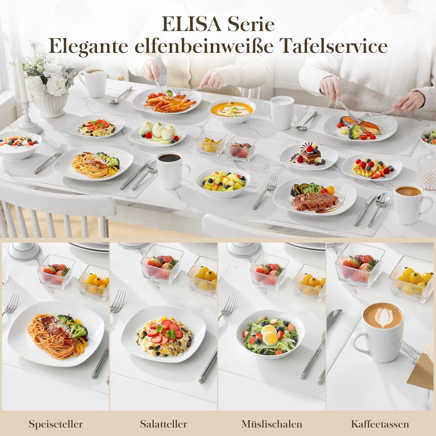 Set de veselă MALACASA pentru 4 persoane, serviciu de masă cu 16 piese din porțelan alb, set de veselă modern cu 4 farfurii de cină, farfurii de desert, farfurii de sumă și cești, seria ELISA