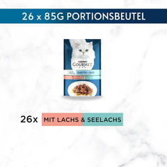 Hrană umedă pentru pisici Gourmet Perle Duetto cu somon și cod galben, pachet de 26 (26 x 85g)
