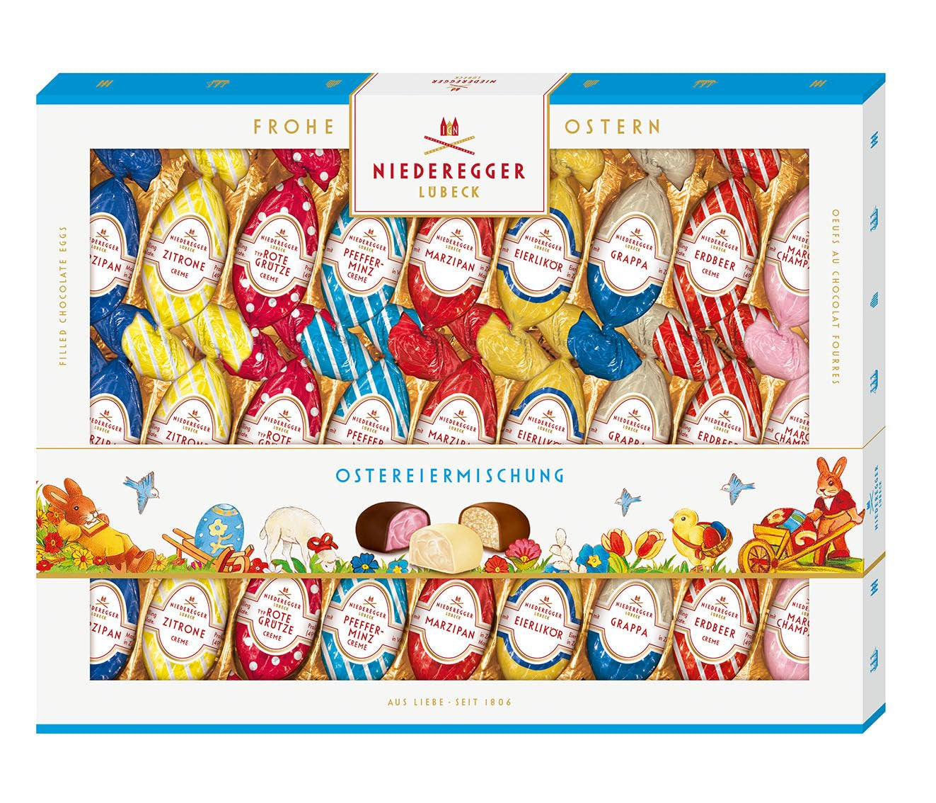 Niederegger | Mezcla de huevos de Pascua | 1x337g | Huevos de Pascua con varios rellenos de mazapán y praliné | Cubierto de chocolate negro, con leche y blanco | regalo de pascua