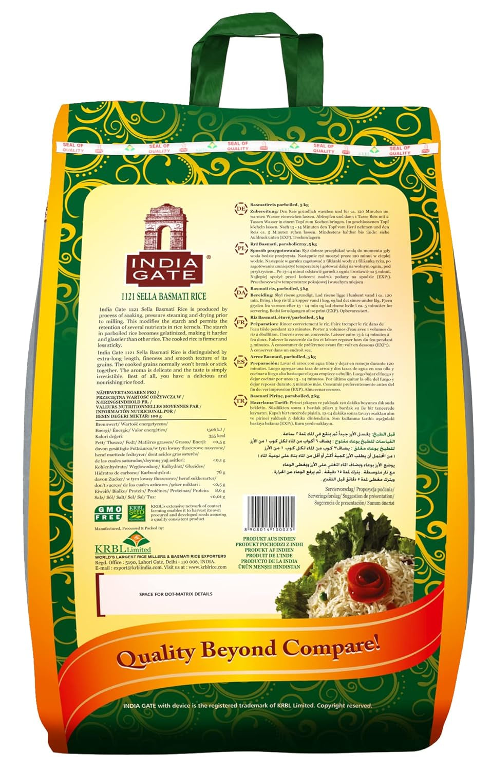 INDIA GATE Arroz Sella Basmati, precocido (de la India, grano largo y fino), aromatizado, paquete a granel - 1 paquete (1 x 5 kg)