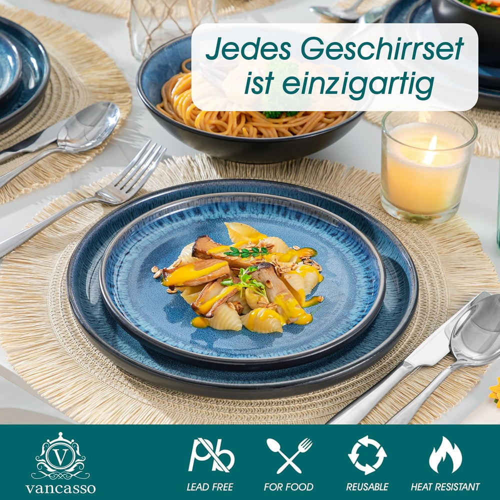 Set de veselă pentru 6 persoane, set de veselă din gresie Vancasso PLAYA, 24 de piese pentru 6 persoane, albastru, inclusiv farfurii, farfurii de sumă, boluri și farfurii de salată, potrivit pentru mașina de spălat vase și cuptorul cu microunde