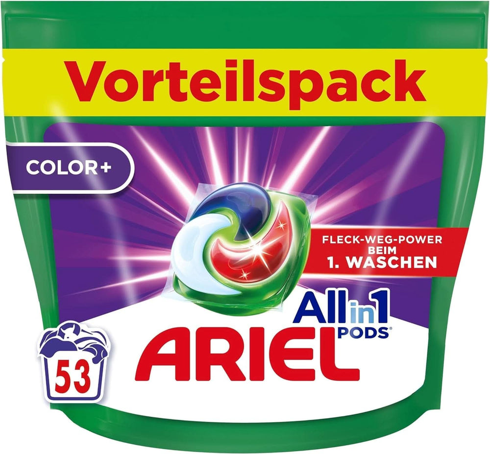 Ariel Allin1 PODS, Detergente líquido Color+ cápsulas 53 dosis, excelente eliminación de manchas en el primer lavado Detergentes para Ropa Naty Shop 53 cápsulas Nuevo Modelo