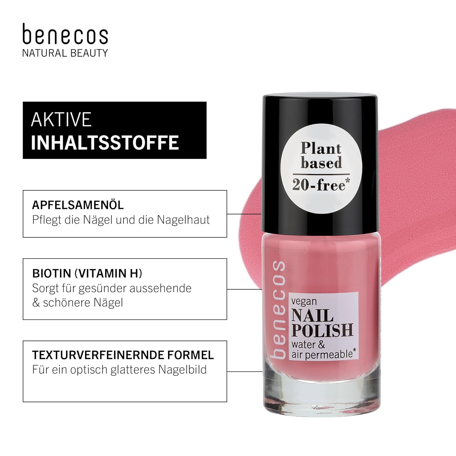 Benecos 20 Free Vegan Nail Polish Bubble Gum - esmalte de uñas de origen vegetal - de secado rápido y duradero - permeable al agua - enriquecido con biotina - 5ml