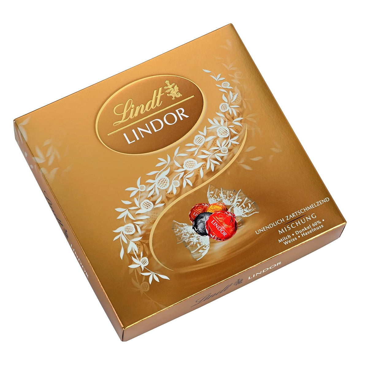 Caja de regalo Lindt LINDOR con bombones surtidos, aprox. 15 trufas LINDOR, 4 variedades (chocolate con leche, chocolate blanco, chocolate negro 60% y avellana), 187 g