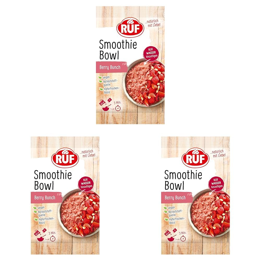 RUF Smoothie Bowl Berry Bunch Avena Desayuno Snack con bayas y semillas de chía, rápido y fácil de preparar, vegano, 1 bolsa de 50 g (paquete de 3)