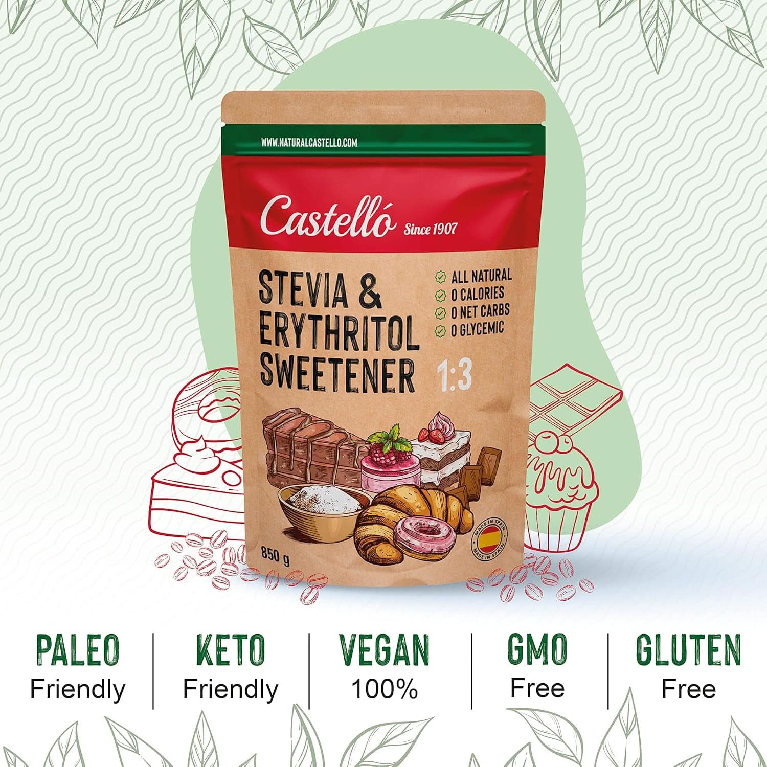 Stevia + Eritritol Edulcorante 1:3, 1G = 3G Azúcar, 850 gramos Edulcorantes Naty Shop