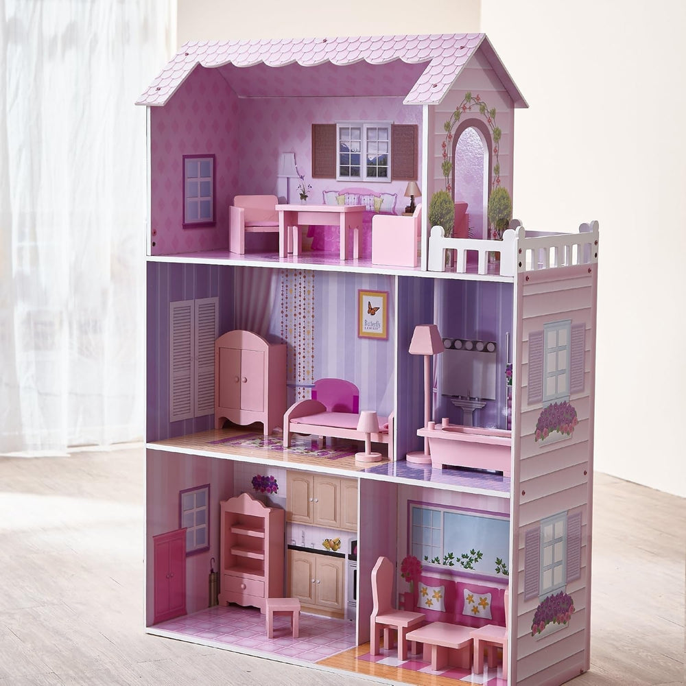 Olivia's Small World Casa de Muñecas Gigante, Casa de Muñecas Grande de Madera con Muebles y Accesorios, Casa de Muñecas de 3 Pisos para Niños, Casa de Muñecas para Muñecas de 12", 3 Años + Casas de Muñecas Naty Shop