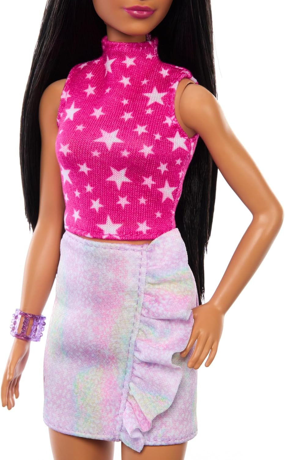 Muñeca Barbie Fashionistas núm. 215 con pelo negro liso, top con estampado de estrellas rosa y falda iridiscente, muñeca coleccionable de 65 cumpleaños HRH13 Naty Shop Dolls