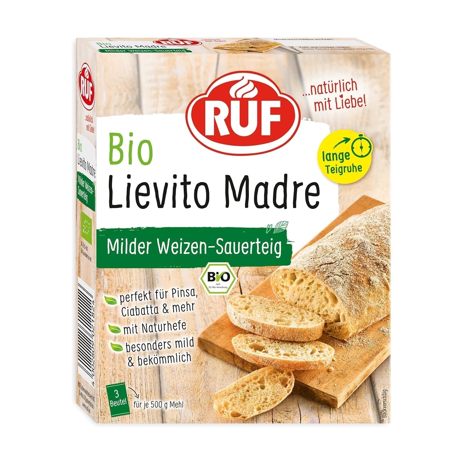 RUF Lievito Madre Sauerteig, Milder Weizen-Sauerteig, Mutterteig, Kurze Teigruhe Durch Enthaltene Trockenhefe, Lievito Madre Getrocknet Für Brot, Baguette, Focaccia, 3X35G Mezcla para hornear y cocinar Naty Shop 105 G (1Er Pack) Lange Teigruhe