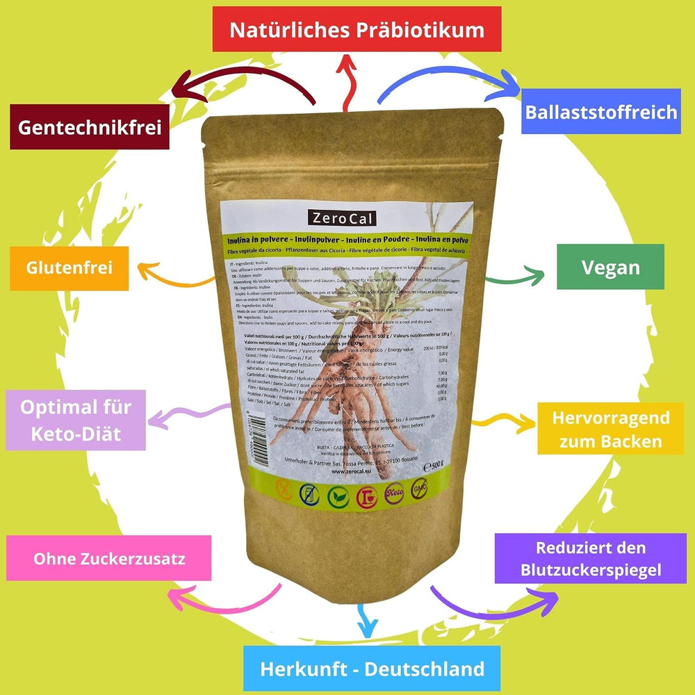 Zerocal - Inulina En Polvo De Achicoria-Wurzel 500 G | Inulina Mit Hohem Ballaststoffgehalt | 100% vegano y sin gluten | Herkunft Deutschland Edulcorantes Naty Shop