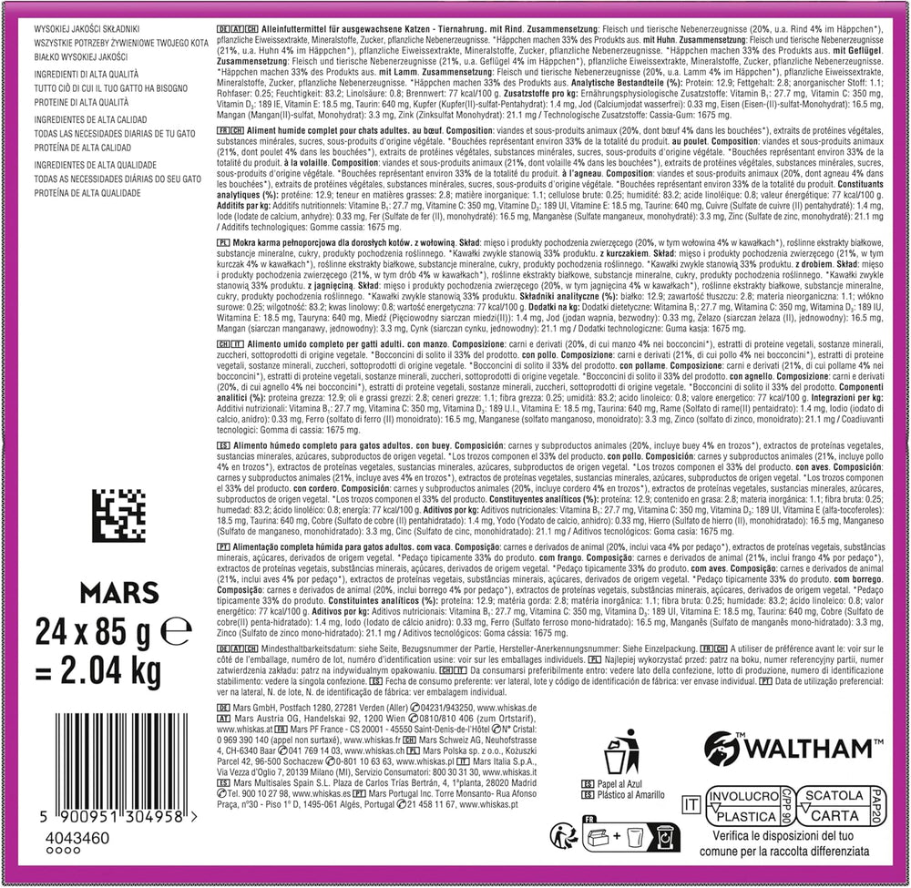 WHISKAS PURE DELIGHT Hrană umedă în jeleu 24 x 85g Ragout clasic (4 pachete) 48 pliculețe porționate