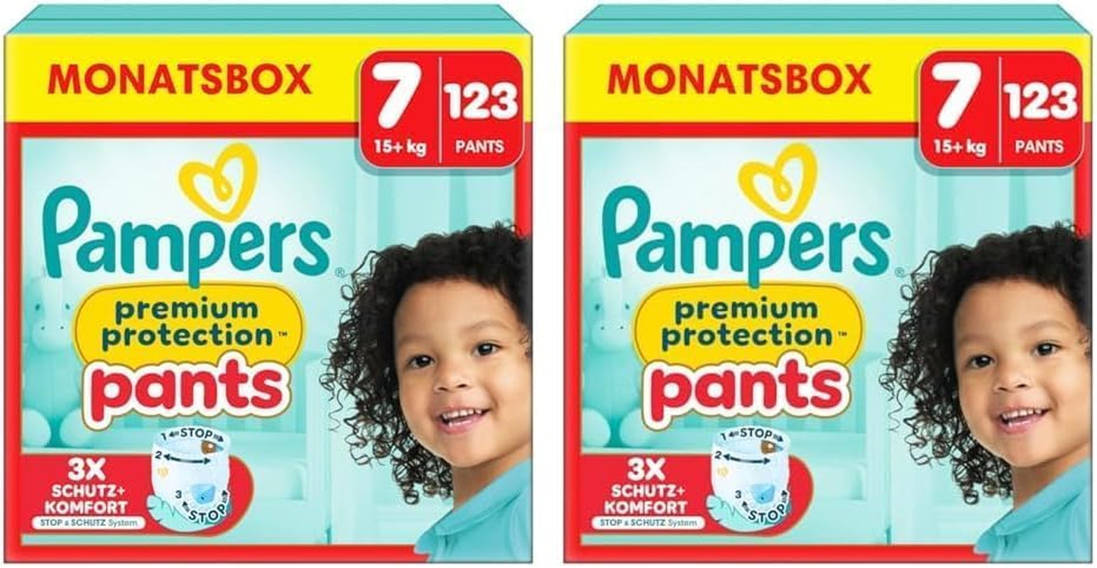 Pampers Premium Protection Pants Talla 7, 123 pañales, 15 kg+, con ajuste de 360° y puños suaves antifugas para una comodidad y protección óptimas