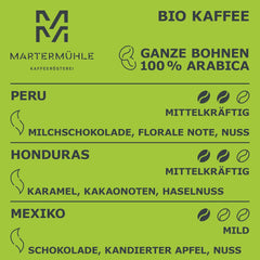 Set mostre boabe de cafea organică Martermühle 3x250g tărie ușoară/medie I Arabica I Boabe întregi de cafea organică prăjite ușor, aciditate scăzută (68/74/426)