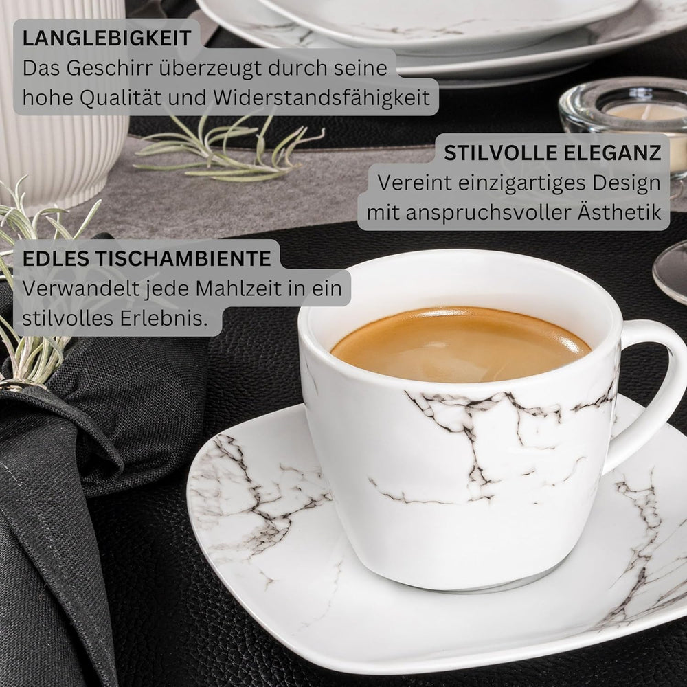 SÄNGER | Set de veselă combinat Bilgola din marmură, set de veselă cu 36 de piese pentru 6 persoane, cu farfurii de cină, farfurii de desert, farfurii de sumă, boluri pentru cereale, farfurii de cafea și farfurioare din porțelan, pătrat | COLECȚIA PREMIUM