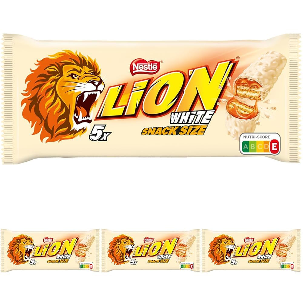 Nestlé LION Multipack, barras de chocolate con glaseado blanco, delicioso relleno de caramelo y oblea crujiente, paquete de caramelos grande, paquete de 4 (5 x 30 g cada uno)