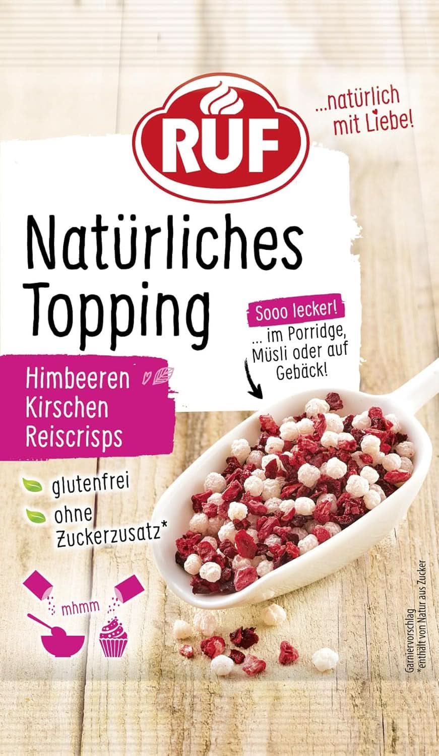Chips de Arroz RUF, Sin Aditivos Artificiales, Mezcla de Frutas para Gachas y Bollería, Sin Gluten, Vegano, 15 Gramos Sprinkles Naty Shop 15 Gramos Arroz, Cerezas, Frambuesas