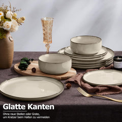 Set de veselă pentru 6 persoane, serviciu de cină din gresie cu 18 piese, set combinat, 6 farfurii de cină, 6 farfurii de desert, 6 boluri pentru cereale, antizgârieturi și potrivit pentru cuptorul cu microunde - Karst Khaki