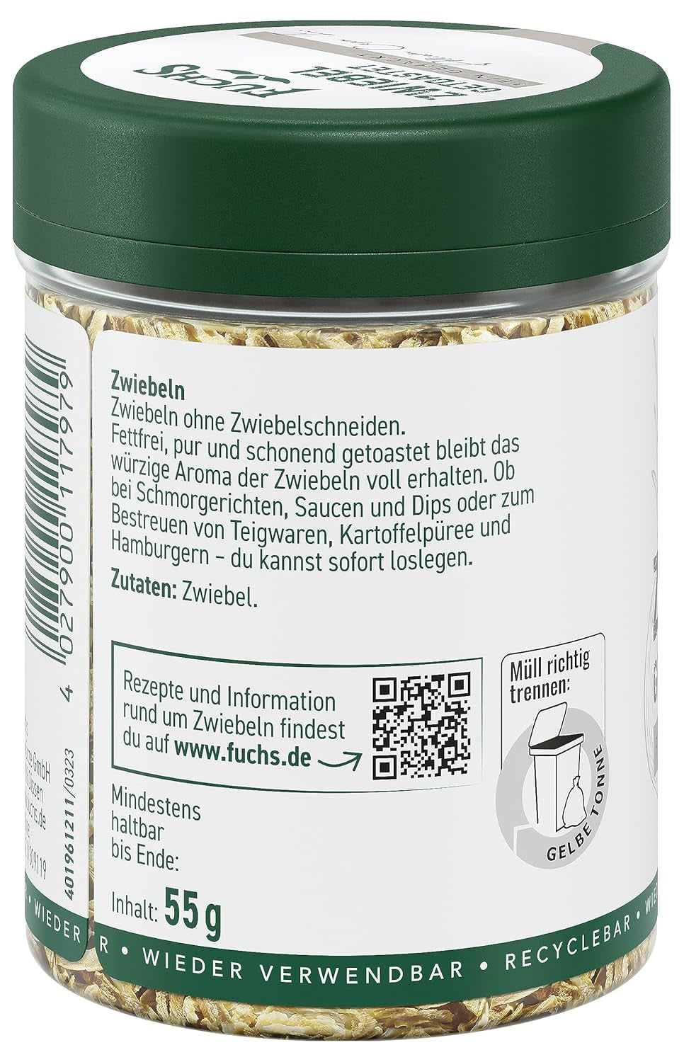 Fuchs Gewürze - Zwiebel getostat - Zwiebeln für Dips, Schmorgerichte oder Hamburger finamente picado - Ingredientes naturales - 55 g en wiederverwendbarer, recyclebarer Dosis