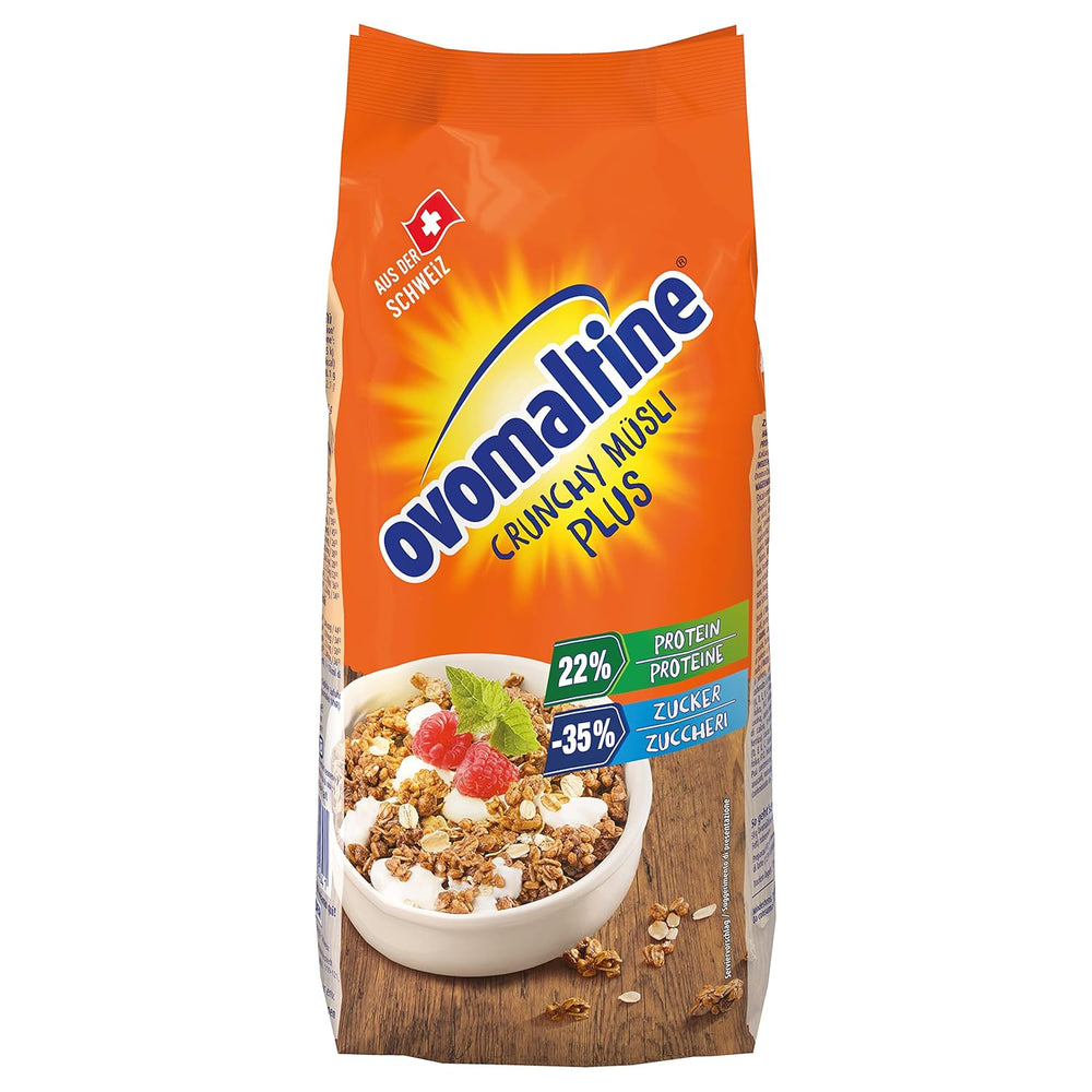 Ovomaltine Crunchy Protein Muesli Plus - Mezcla crujiente de cereales con avena, que contiene un 22% de proteínas, con un tercio menos de azúcar y un crujido incomparable (1 x 300g)