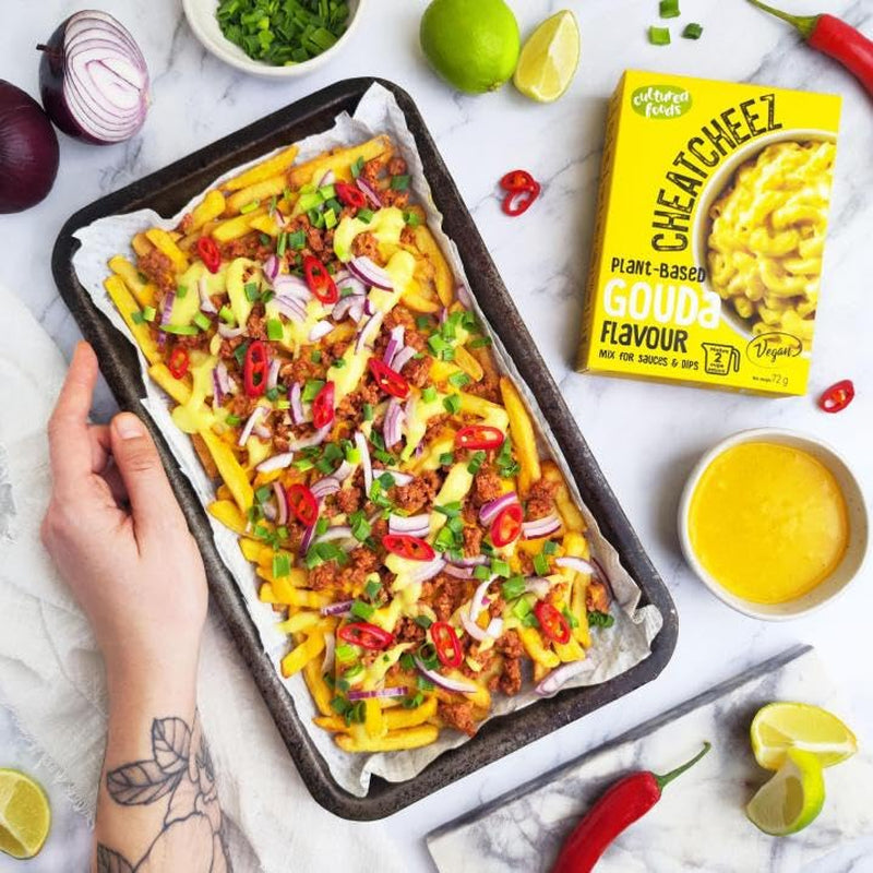 Cultured Foods Vegan Set de 3 macarrones con queso veganos, salsa gouda, salsa cheddar, macarrones sin gluten sin lactose y queso CHEATCHEEZ