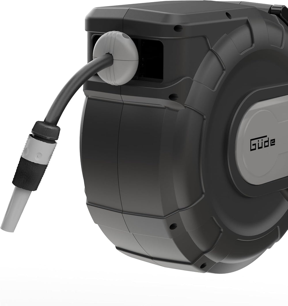 Rolă automată pentru furtun Güde 20-2-2 1/2 (pentru montare pe perete, rotire la 180°, furtun de 20 m, pulverizator de apă, suport de perete, retragere automată, opritor retragere, mâner de transport, 2 cuplaje rapide)
