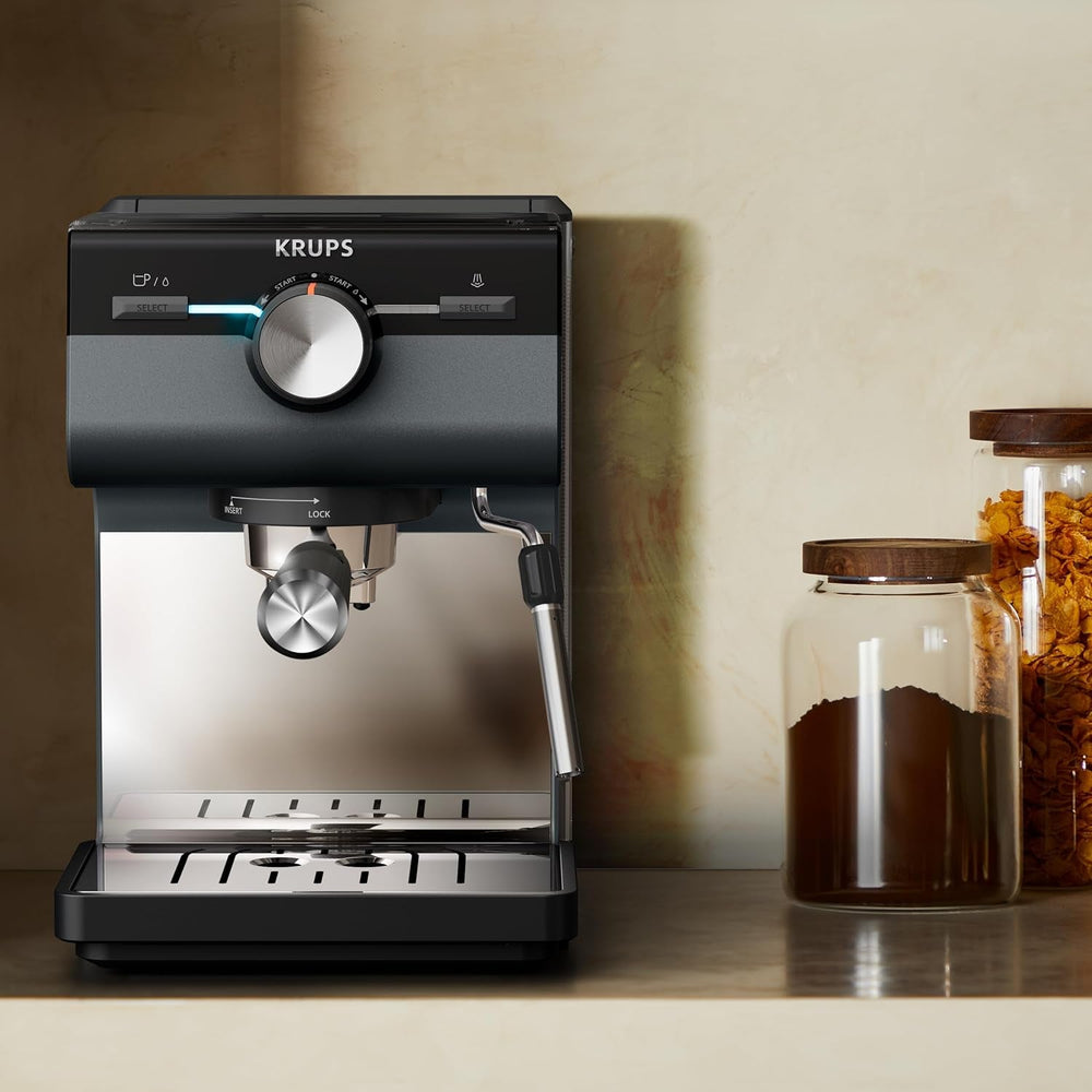 Espressor KRUPS Authentic+, 15 bari, operare intuitivă, design sofisticat, duză de abur, inclusiv accesorii extinse, Bullet Argintiu închis/Oțel inoxidabil, XP384G10