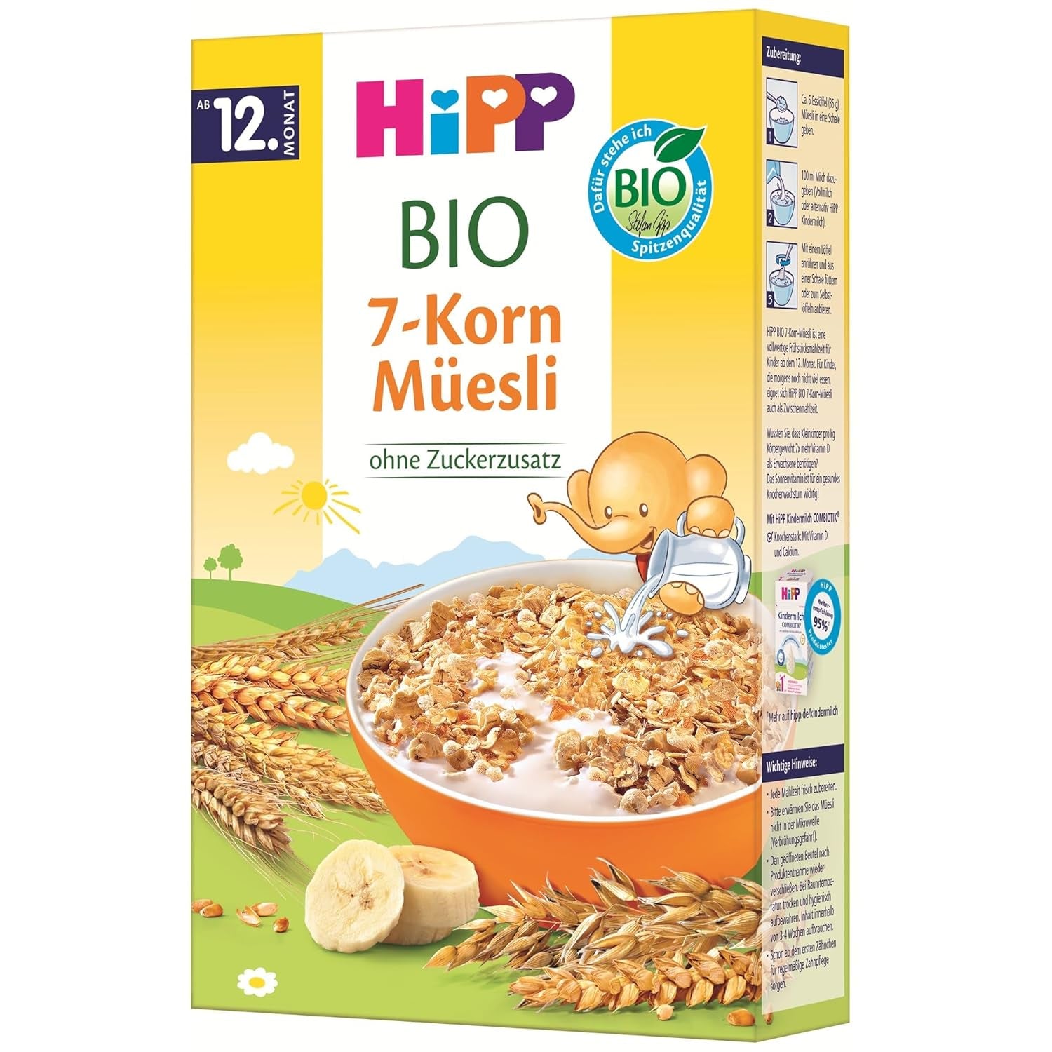 Muesli orgánico HiPP con 7 granos (8 x 200 g), a partir de 12 meses, sin azúcar añadido, trozos extra finos, fácil de masticar, la mejor calidad orgánica
