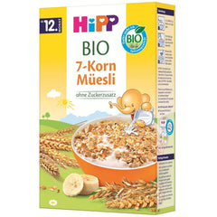 Muesli orgánico HiPP con 7 granos (8 x 200 g), a partir de 12 meses, sin azúcar añadido, trozos extra finos, fácil de masticar, la mejor calidad orgánica