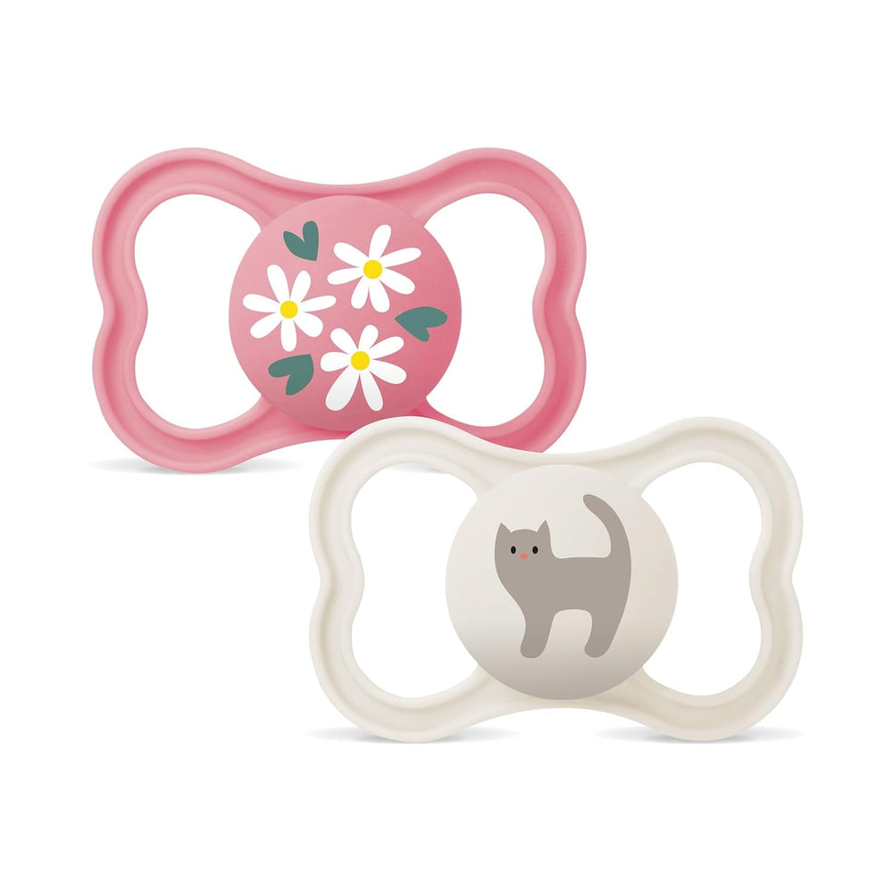 Suzete MAM Air din silicon, pachet de 2, design extra ușor și aerisit, suzetă pentru bebeluși prietenoasă cu dinții, fabricată din silicon special MAM SkinSoft, cu cutie pentru suzetă, 6-16 luni, Ursuleț/Rinocer