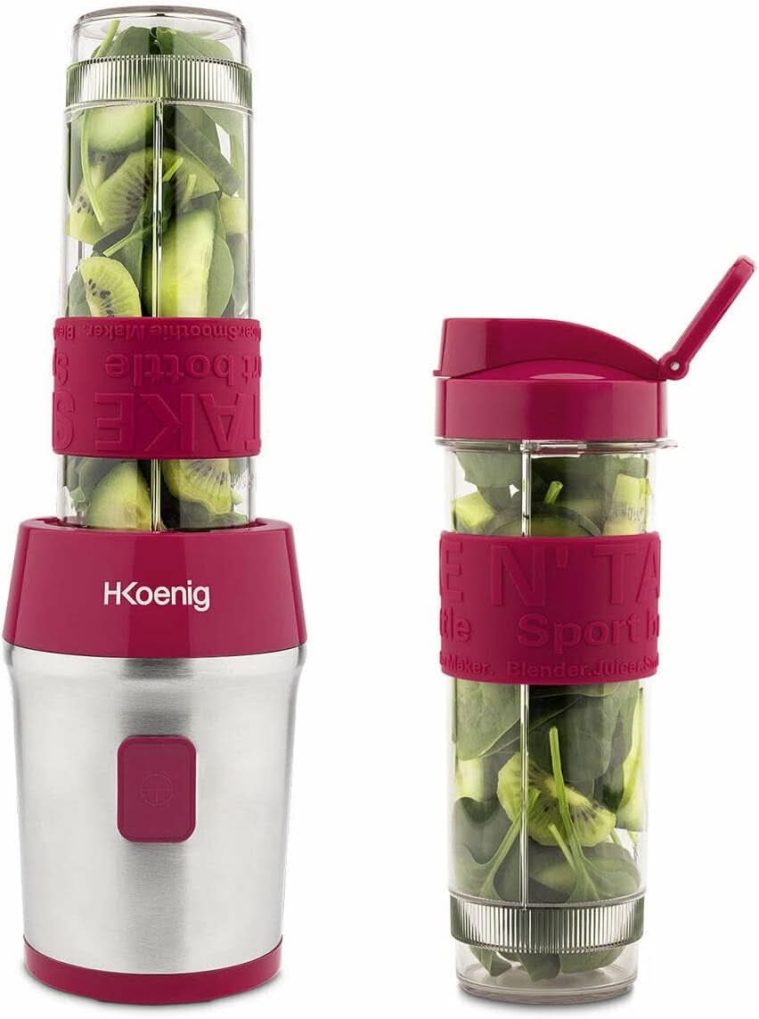 H.Koenig Smoothie Maker SMOO9 - Mini Batidora De Pie - Mini Batidora - 300 Watt - 570 Ml - Edelstahl - 2 Kunststoffflaschen - Bpa-Frei, Grau Kitchen Naty Shop Pink