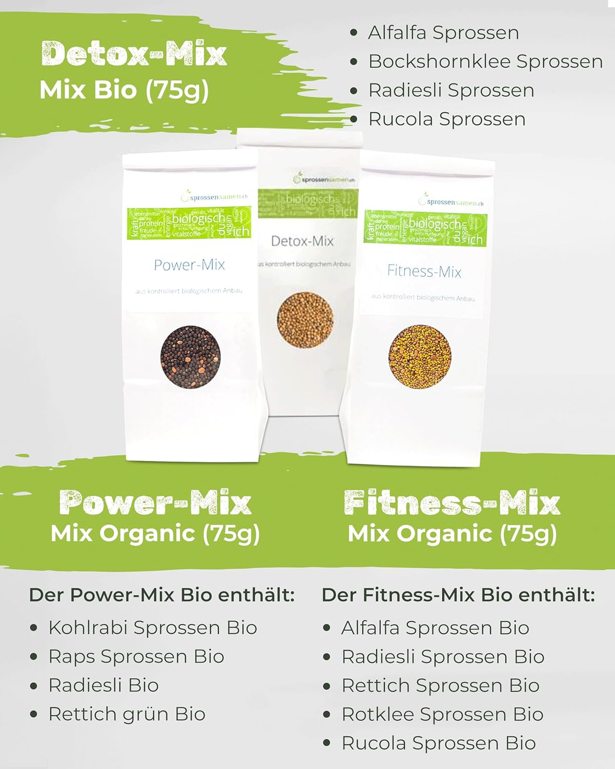 Juego de tarros de germinación de 3100 ml con set de regalo - Organic Fitness Mix, Power Mix y Detox Mix, 75 g cada uno - Tarro de germinación - incl. tapa de frasco, soporte y colador