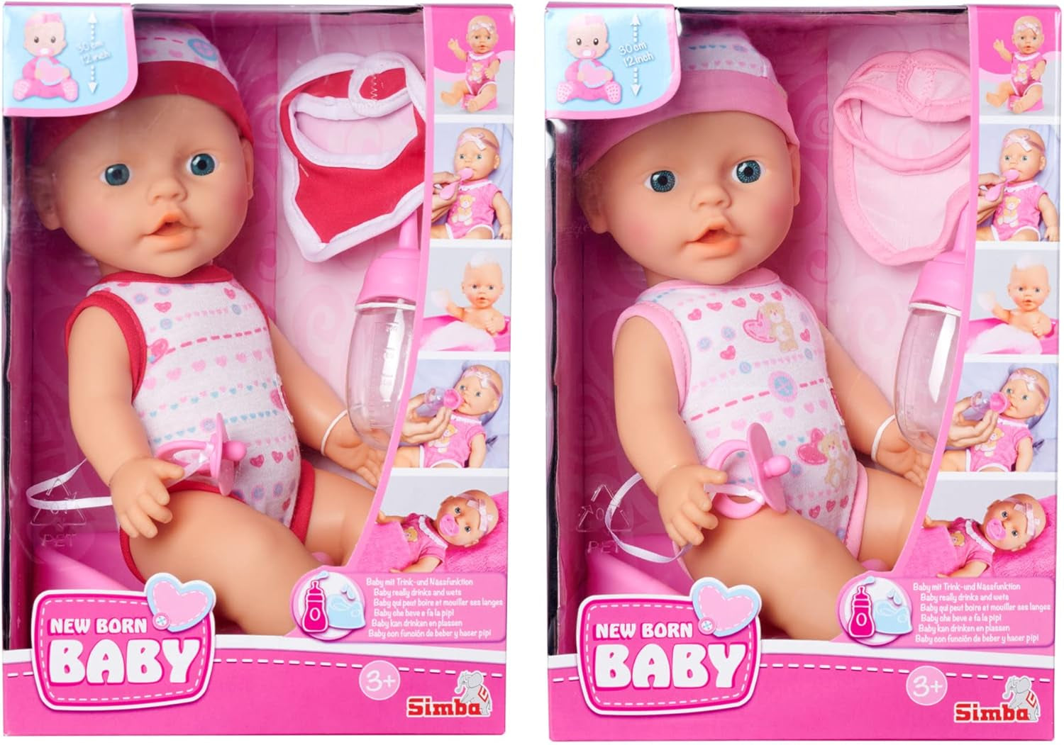 Simba 105037800 - Conjunto para bebé recién nacido, 2 unidades, es un artículo geliefert, vollvinylpuppe mit Trink- und Nässfunktion, chupete, botella, tapa y Lätzchen, 30cm, ab 3 Jahren