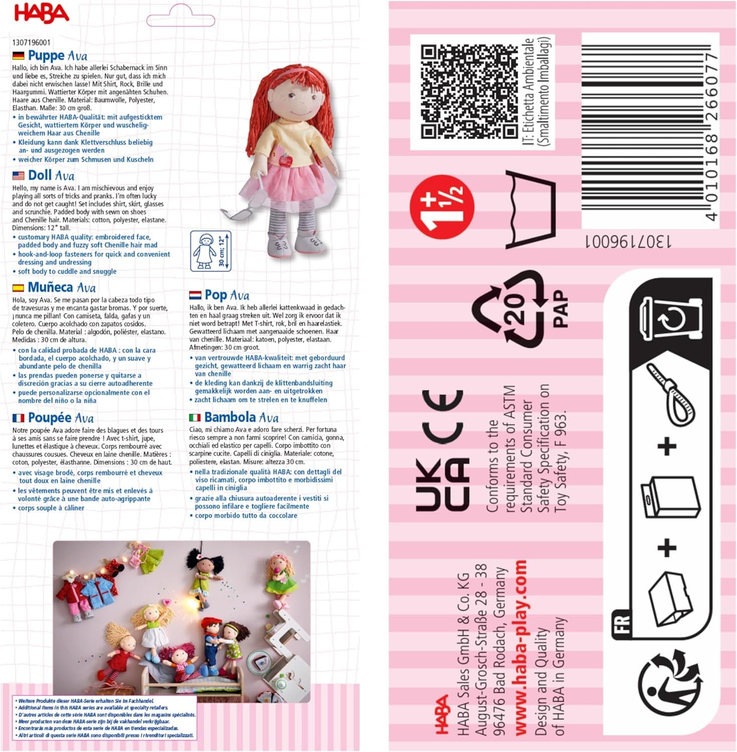 HABA Puppe AVA – Stoffpuppe für Kinder ab 18 Monaten, 30 cm, weicher Körper & pflegeleicht, Gesicht gestickt, Kleidung mit Klettverschluss – 1307196001