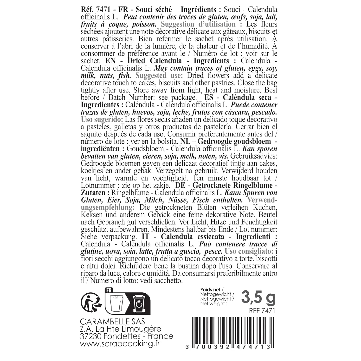 ScrapCooking - Caléndulas secas 3,5 g - Flores comestibles - Decoraciones alimentarias para hornear - Para postres, pasteles, tartas, magdalenas - Navidad, primavera, cumpleaños - Amarillo dorado - 7471