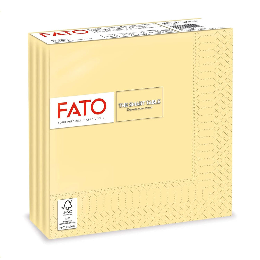 Fato - Șervețele de hârtie de unică folosință, ideale pentru prânzuri informale și bufete, pachet de 50 de șervețele, dimensiune 33X33, pliate în 4, 2 straturi, culoare șampanie, 100% hârtie din celuloză pură, FSC