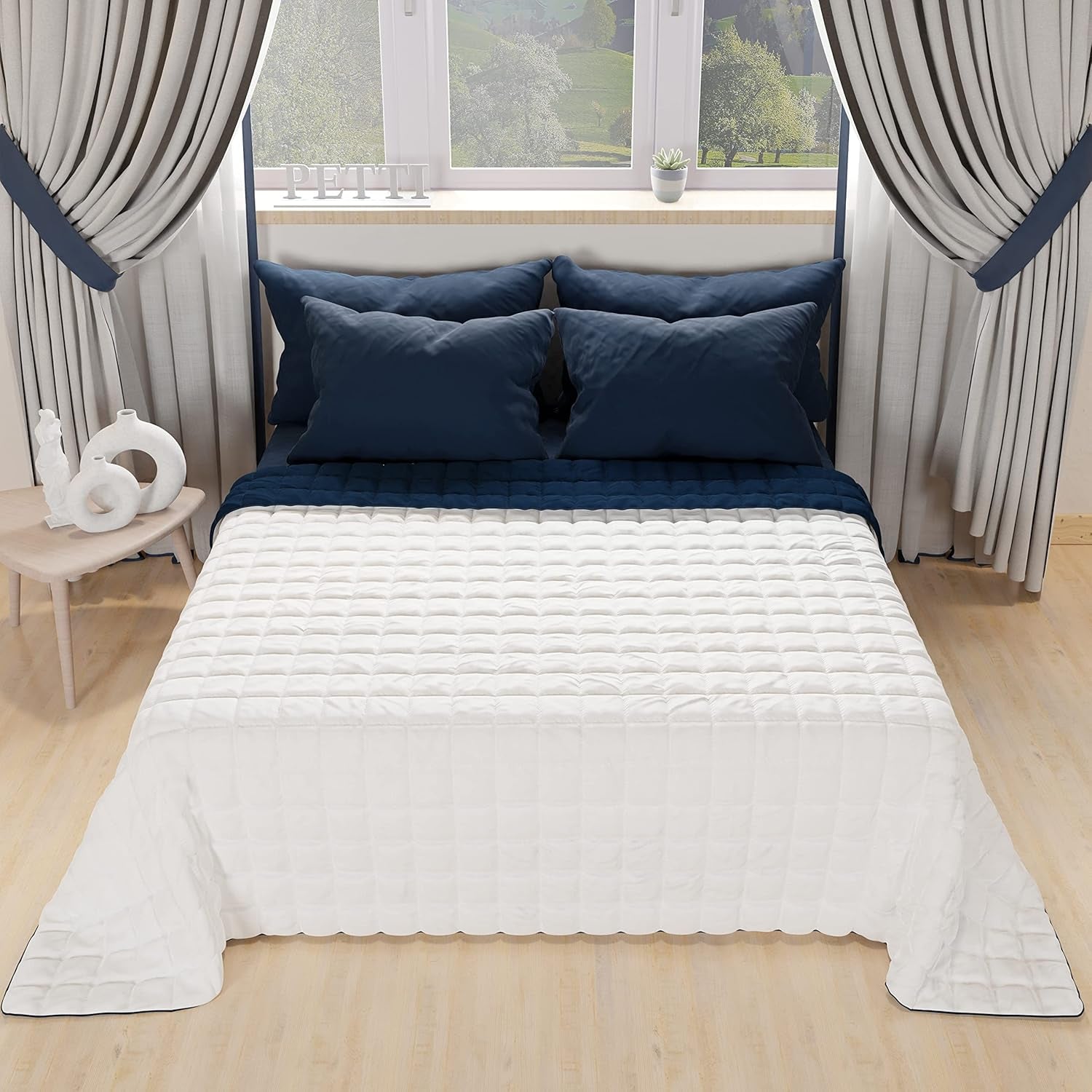 PETTI Artigiani Italiani - Edredón cama individual, edredón doble cara, edredón primaveral, azul medianoche, blanco, 100% Made in Italy Edredones y edredones Naty Shop