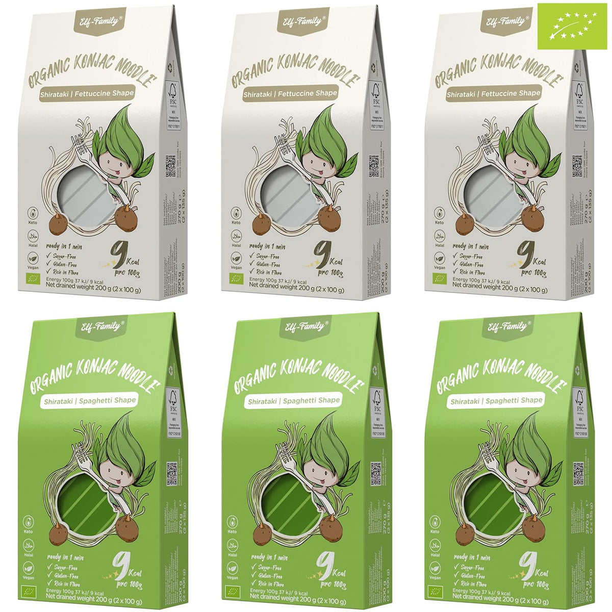 Elf-Family 6 Cajas (12 Piezas) Fideos Shirataki Konjac Orgánicos Ultra Bajos en Carbohidratos Veganos Sin Gluten - 1,62 kg, Sin Carbohidratos/Keto/Bajos en Calorías/Sin Grasa/Sin Azúcar Fideos Instantáneos - Espagueti y Fettuccine