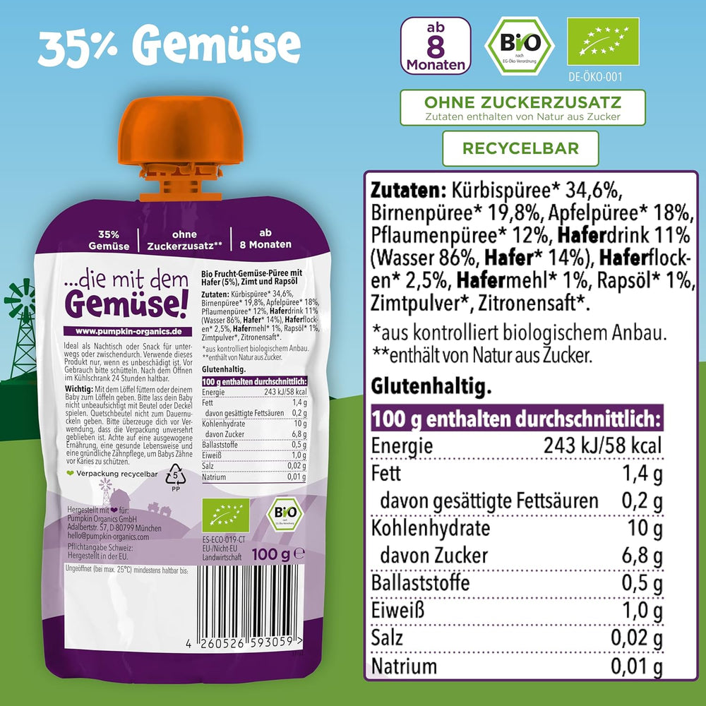 Pumpkin Organics Bio Gemüse-Getreide-Quetschie Kürbis, Birne, Apfel, Pflaume, Hafer ohne Zuckerzusatz¹ - ab 8 Monaten - als Snack o Beikost für unterwegs (100g)